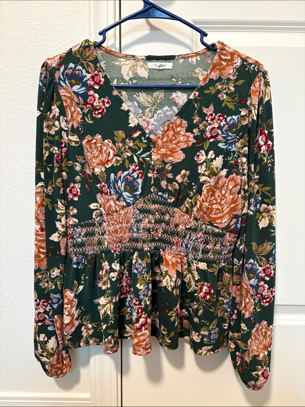 Maurices Dark Green Floral Smocked Peplum Blouse